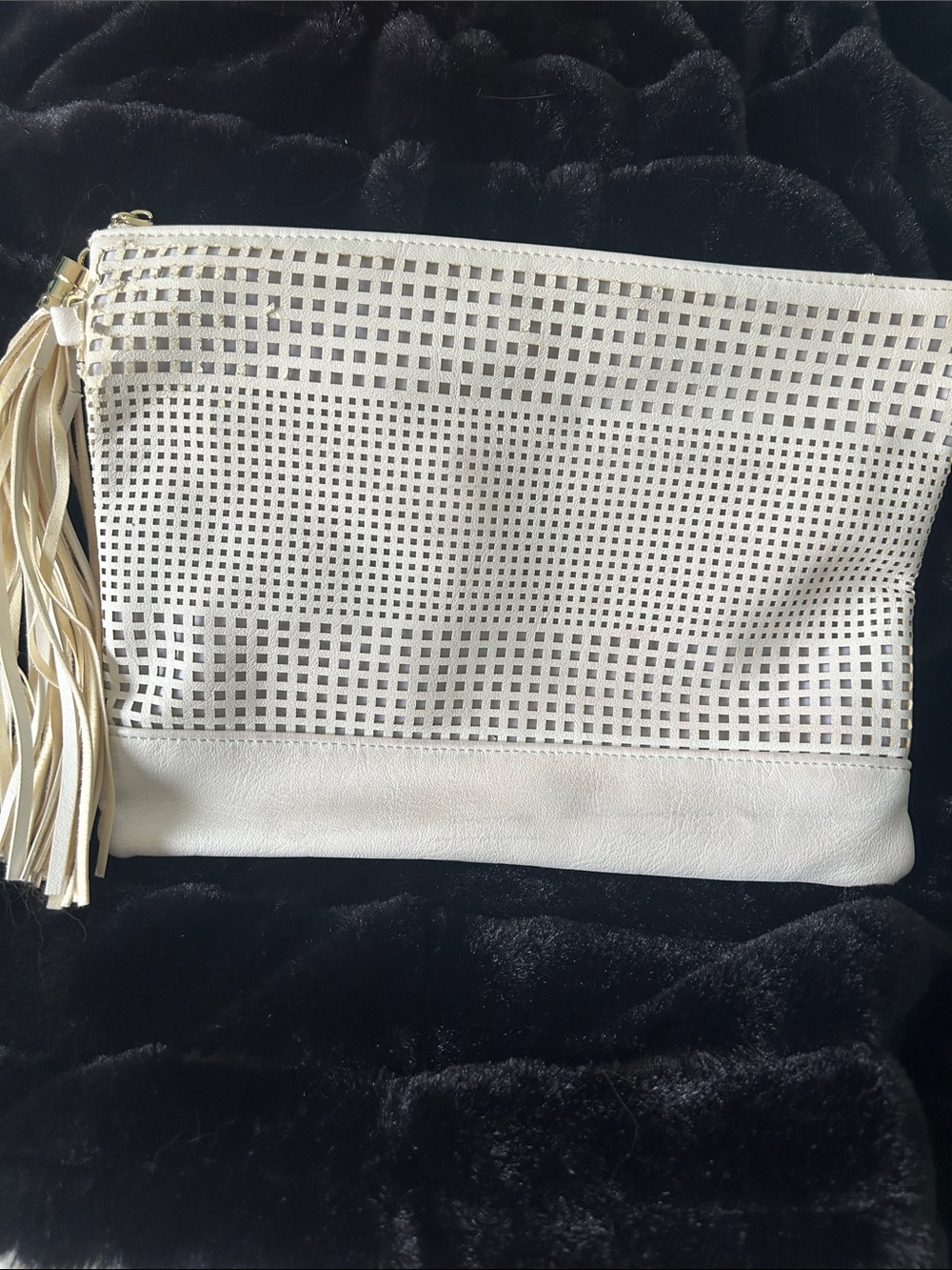 Kelly & Katie White Perforated Fringe Wristlet Clutch
